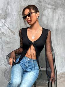 Grunge Contrast Mesh Flounce Sleeve Lace Up Front Crop Top - Black - View 5