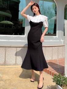 DAZY Vestido de color combinado ribete con fruncido bajo sirena sin cinturón - Blanco y Negro - Ver 5