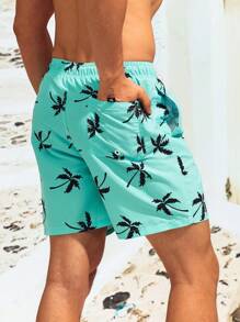Surfspeed Men Tropical Print Drawstring Waist Patched Detail Swim Trunks,Hawaiian, Men Palm Tree Swim Shorts, Shorts For Men Beach, Men Shorts Vacation, Hawaiian Shorts For Men, Men Swim Trunks Short - Mint Blue - View 2