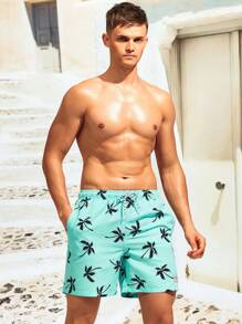 Surfspeed Men Tropical Print Drawstring Waist Patched Detail Swim Trunks,Hawaiian, Men Palm Tree Swim Shorts, Shorts For Men Beach, Men Shorts Vacation, Hawaiian Shorts For Men, Men Swim Trunks Short - Mint Blue - View 6
