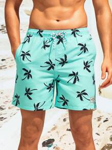 Surfspeed Men Tropical Print Drawstring Waist Patched Detail Swim Trunks,Hawaiian, Men Palm Tree Swim Shorts, Shorts For Men Beach, Men Shorts Vacation, Hawaiian Shorts For Men, Men Swim Trunks Short - Mint Blue - View 7