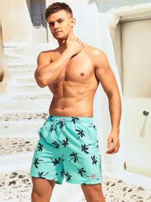 Surfspeed Men Tropical Print Drawstring Waist Patched Detail Swim Trunks,Hawaiian, Men Palm Tree Swim Shorts, Shorts For Men Beach, Men Shorts Vacation, Hawaiian Shorts For Men, Men Swim Trunks Short - Mint Blue - View 8