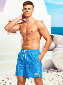 Zalmeno Men Wave Striped Patched Detail Drawstring Waist Swim Trunks,Hawaiian - Blue - View 7