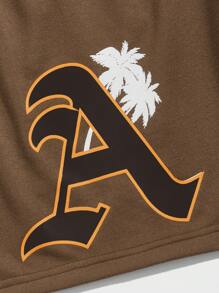ROMWE MEN Prep Men Letter Graphic Drawstring Waist Shorts, School - Coffee Brown - View 4