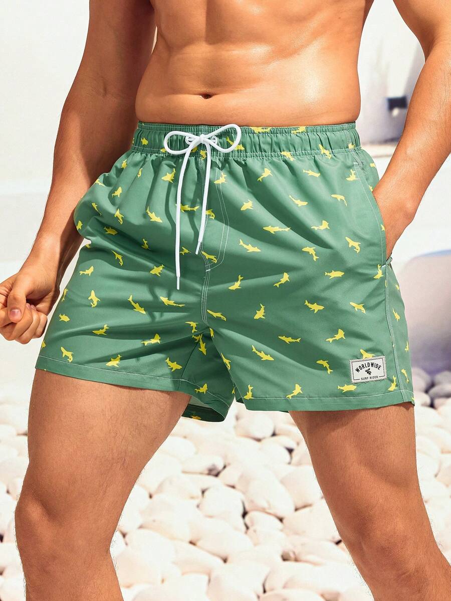 Surfspeed Men Allover Print Drawstring Waist Swim Trunks - Army Green - View 1