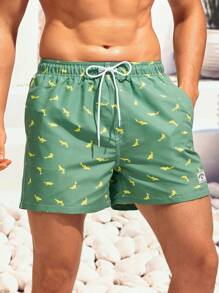 Surfspeed Men Allover Print Drawstring Waist Swim Trunks - Army Green - View 3