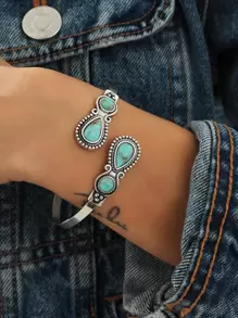 1pc Western Turquoise Stone Antique Cuff Bangle Bracelet For Women