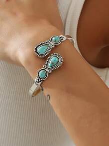 1pc Western Turquoise Stone Antique Cuff Bangle Bracelet For Women