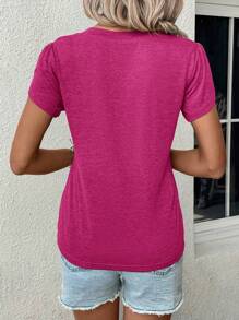 SHEIN LUNE Petal Sleeve V Neck Tee - Hot Pink - View 2