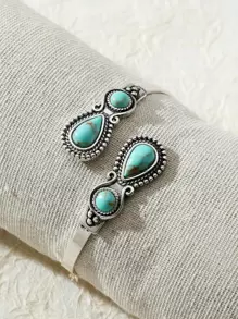 1pc Western Turquoise Stone Antique Cuff Bangle Bracelet For Women