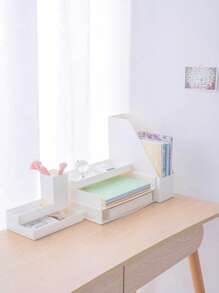 1pc White Desktop Pen Storage Box, Nordic Plain Color Multi-purpose Plastic Storage Box For Office, School - White - View 1