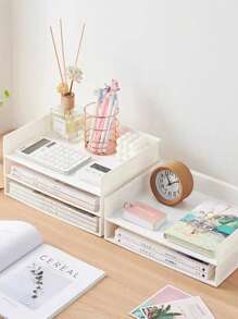 1pc White Desktop Pen Storage Box, Nordic Plain Color Multi-purpose Plastic Storage Box For Office, School - White - View 4