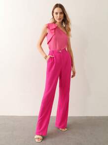 MOTF PREMIUM 亚麻繫腰帶連衣裙長褲 - 玫紅色 - 查看 8