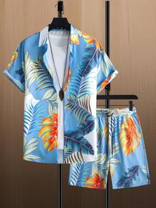 Manfinity RSRT 男士熱帶圖案襯衫和腰部抽繩短褲不帶T恤 - 藍色 - 查看 1