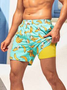 Manfinity Swimmode Hombres Shorts de natación con estampado de plátano de cintura con cordón 2 en 1 - verde menta - Ver 1