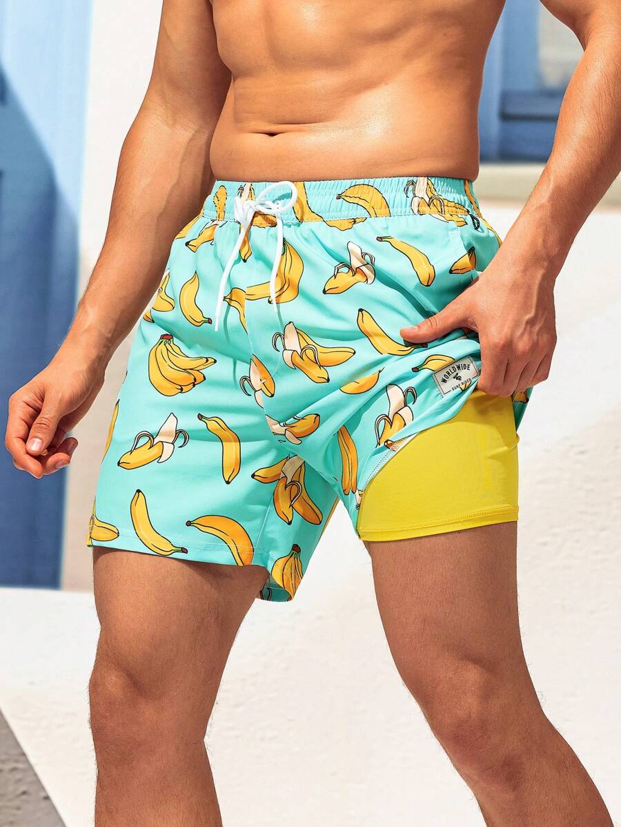 Manfinity Swimmode Hombres Shorts de natación con estampado de plátano de cintura con cordón 2 en 1 - verde menta - Ver 1