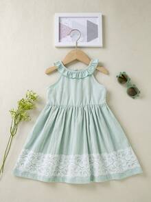 Baby Contrast Lace Ruffle Trim Halter Dress - Mint Green - View 1