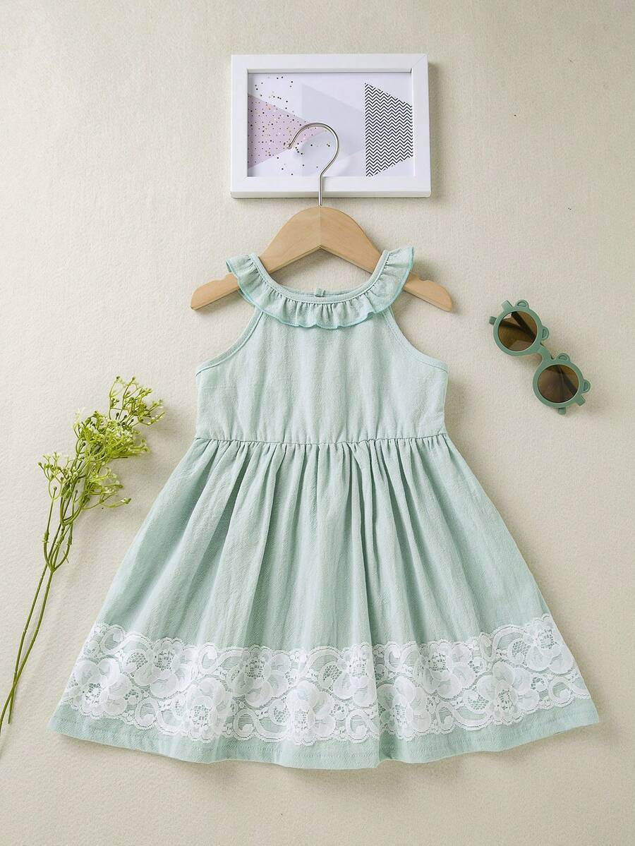 Baby Contrast Lace Ruffle Trim Halter Dress - Mint Green - View 1