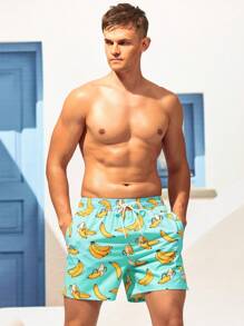 Manfinity Swimmode Hombres Shorts de natación con estampado de plátano de cintura con cordón 2 en 1 - verde menta - Ver 5