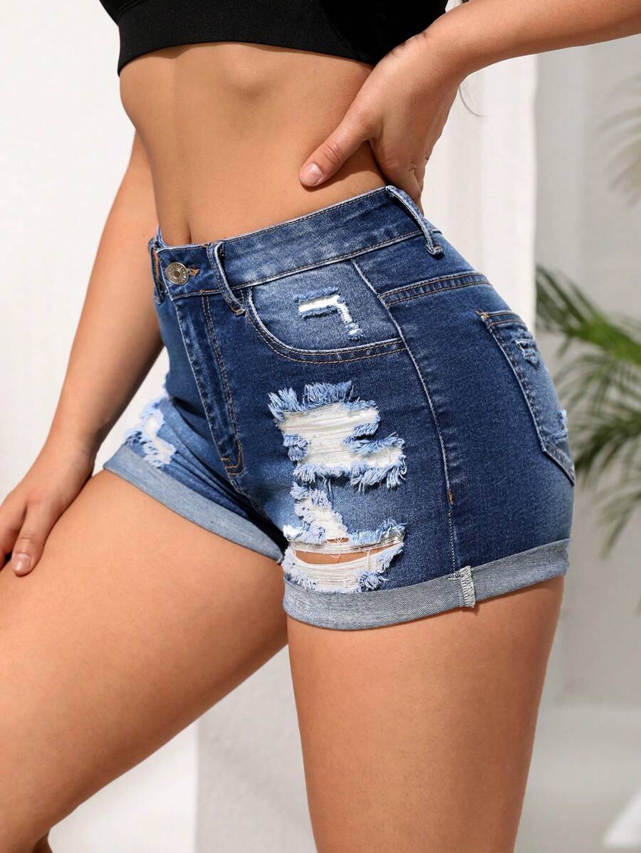 SHEIN Tall Quần short denim nữ Dây kéo Túi Bị tách màu trơn - Rửa tối - Xem 1