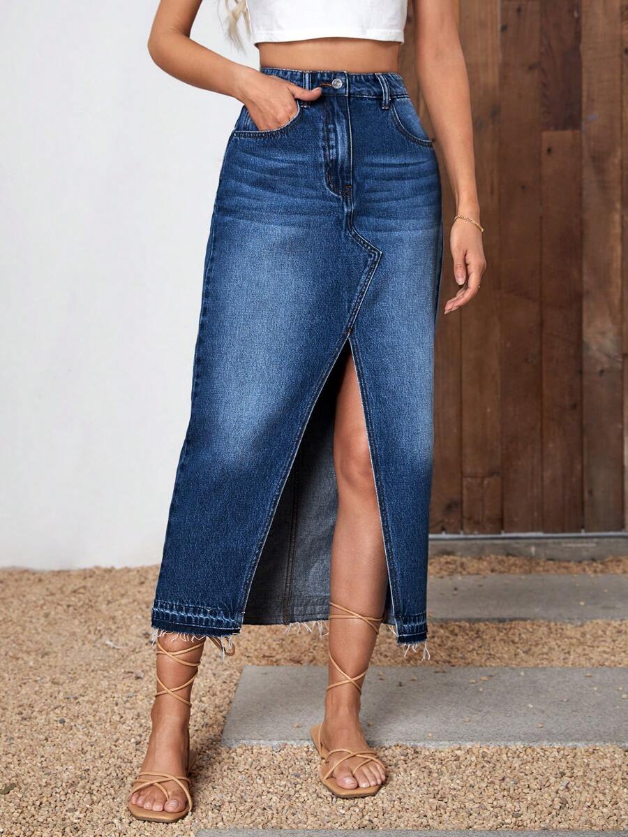 SHEIN Essnce Váy denim nữ Nút Túi Dây kéo màu trơn - Rửa tối - Xem 1