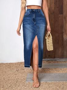 SHEIN Essnce Váy denim nữ Nút Túi Dây kéo màu trơn - Rửa tối - Xem 6