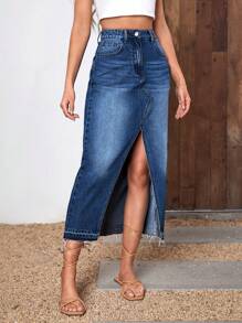 SHEIN Essnce Váy denim nữ Nút Túi Dây kéo màu trơn - Rửa tối - Xem 4