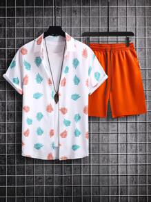 Manfinity RSRT 男士熱帶圖案襯衫和腰部抽繩短褲不帶T恤 - 彩色 - 查看 2