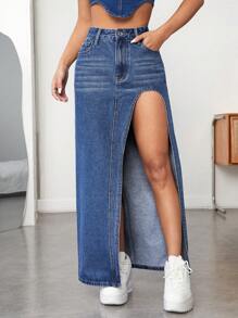 SHEIN ICON 高腰高衩牛仔半身裙