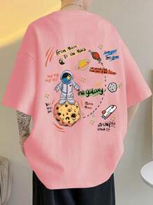 Manfinity Hypemode Loose Fit Men's Cartoon & Letter Graphic Drop Shoulder T-Shirt - Dusty Pink - View 1