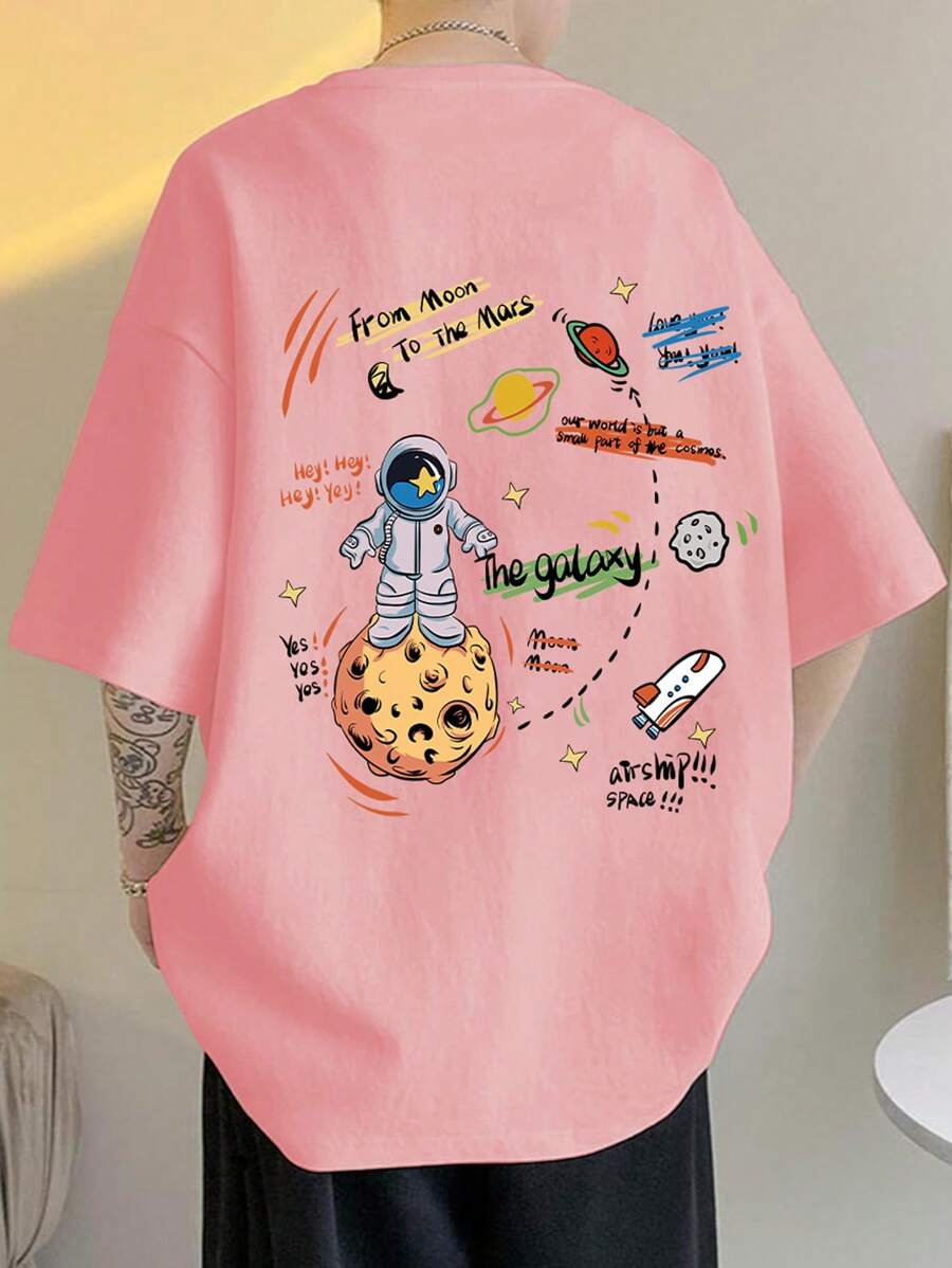 Manfinity Hypemode Loose Fit Men's Cartoon & Letter Graphic Drop Shoulder T-Shirt - Dusty Pink - View 1
