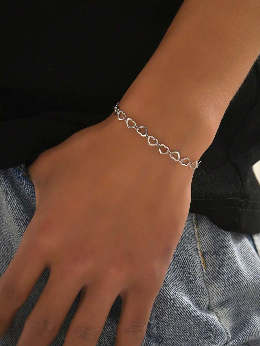 1 件装时尚不锈钢心形纹理手链，男女皆宜，适合日常佩戴，情人节、母亲节礼物 - 銀色 - 查看 1