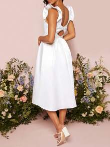 SHEIN Belle Váy cưới Lộ Lưng Xù màu trơn - trắng - Xem 2