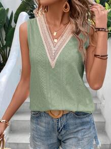 SHEIN LUNE Guipure Lace Panel Tank Top - Mint Green - View 5