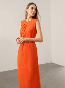 MOTF PREMIUM 純亚麻鏈條腰帶洋裝 - 橘色 - 查看 4