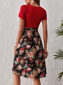 SHEIN LUNE Đầm Thắt lưng Hoa Boho - Đỏ - Xem 2