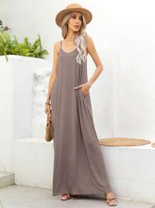 DEARCASE Solid Hidden Pocket Maxi Cami Dress - Khaki - View 1