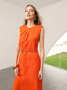 MOTF PREMIUM 純亚麻鏈條腰帶洋裝 - 橘色 - 查看 3
