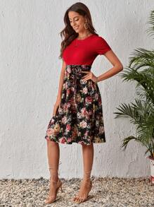 SHEIN LUNE Đầm Thắt lưng Hoa Boho - Đỏ - Xem 5