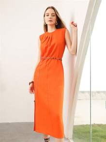 MOTF PREMIUM 純亚麻鏈條腰帶洋裝 - 橘色 - 查看 2