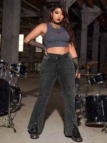 SHEIN ICON Plus Moustache Effect Split Hem Flare Leg Jeans - Dark Grey - View 4