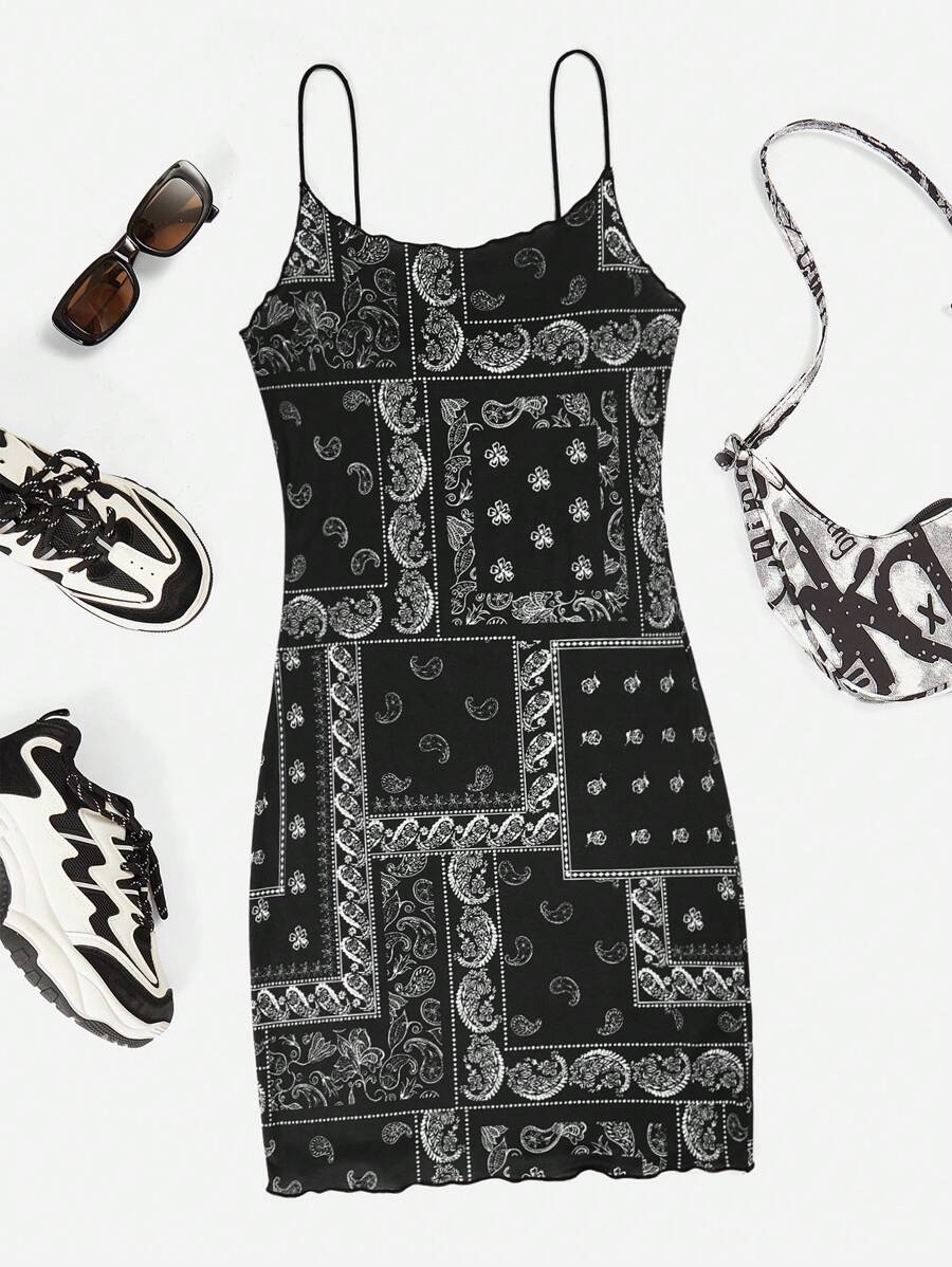 Muchica Đầm Paisley Họa tiết khăn Gợi cảm - Đen và trắng - Xem 1