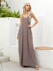 DEARCASE Solid Hidden Pocket Maxi Cami Dress - Khaki - View 3