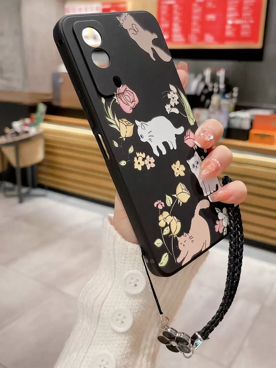 猫咪花卉图案手机壳，带挂绳，国际版，非国内版 - 彩色 - 查看 1