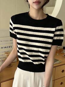 DAZY Gestreiftes Muster Stricktop - Kadettenblau - Übersicht 1