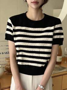 DAZY Gestreiftes Muster Stricktop - Kadettenblau - Übersicht 5