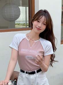 DAZY Letter Graphic Contrast Raglan Sleeve Notched Neckline Tee - Dusty Pink - View 3