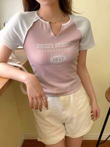 DAZY Letter Graphic Contrast Raglan Sleeve Notched Neckline Tee - Dusty Pink - View 4