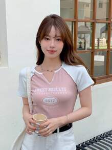 DAZY Letter Graphic Contrast Raglan Sleeve Notched Neckline Tee - Dusty Pink - View 5