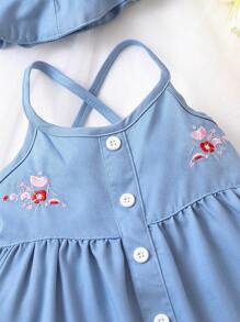 嬰兒花卉刺繡前紐扣吊帶連衣裙附帽子 - 淺色水洗藍 - 查看 4